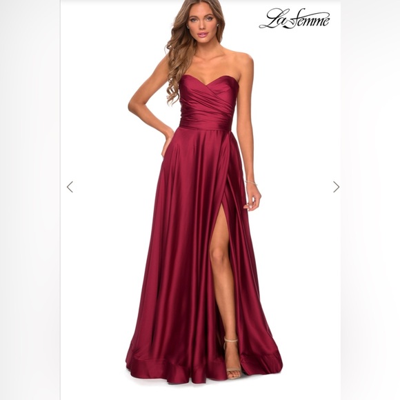 La Femme Dresses & Skirts - NWT LA FEMME Strapless Slit Satin Ball Gown PLEAT DRESS Burgundy 28608 SIZE 6
